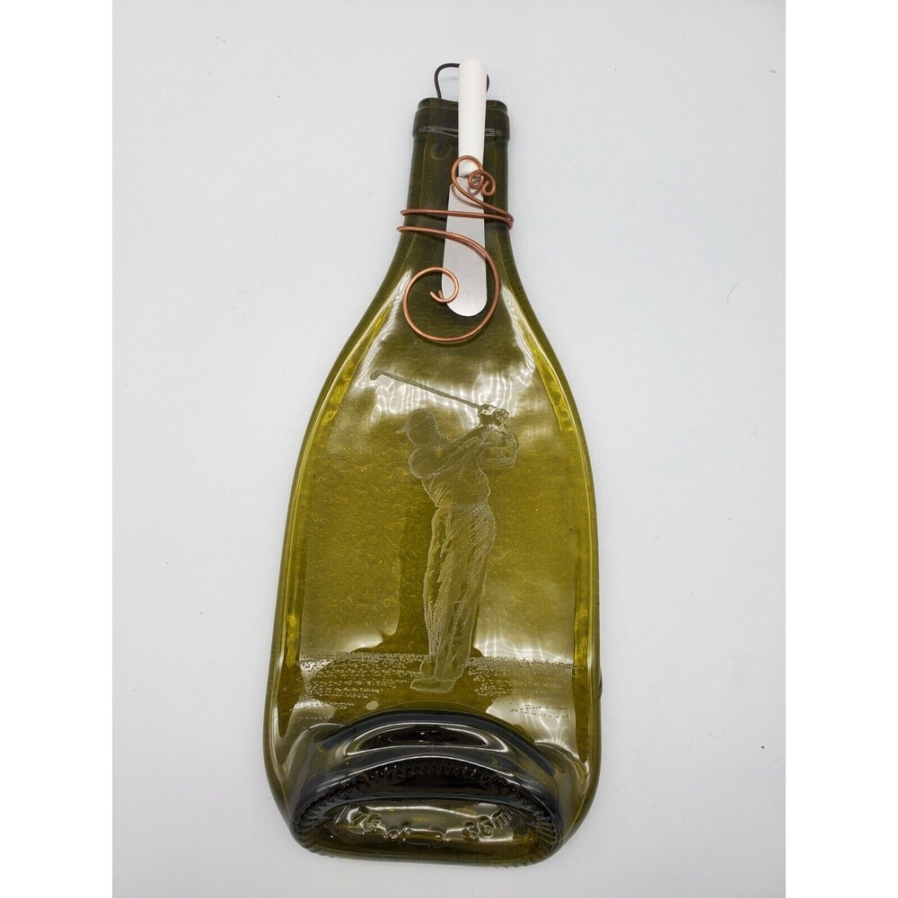 Cheese Plate Green Wine Bottle Serving Dish Spoon Rest Etched Golfer Flattened